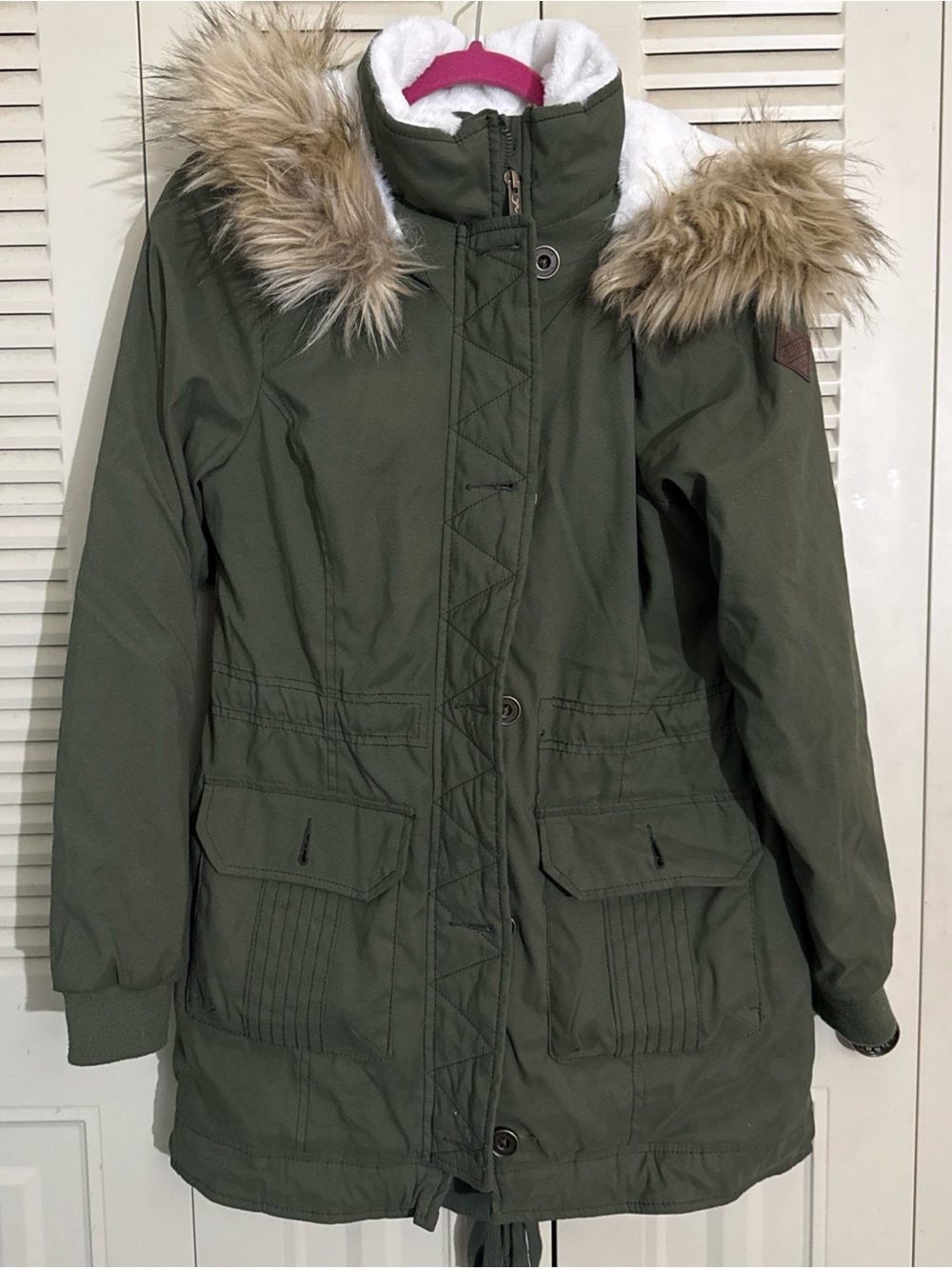Hollister Heritage Green Faux Fur Trim Hooded Parka Jacket Women's Stretch Sz M